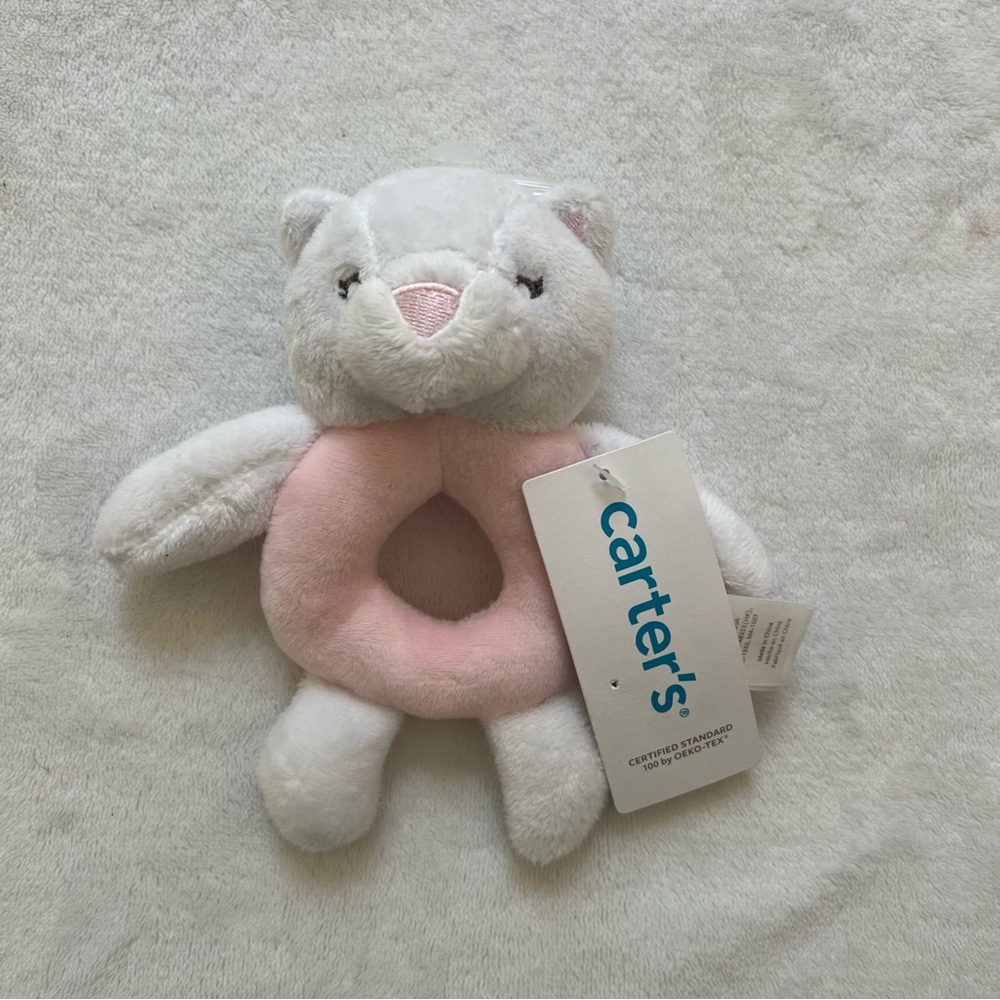 HTF Carters Kitty Cat Plush Rattle Grabber Pink White Baby Lovey Toy new with ta